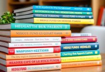Books on hedge funds arranged on a wooden table.