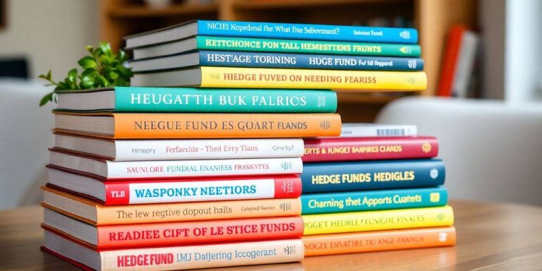 Books on hedge funds arranged on a wooden table.