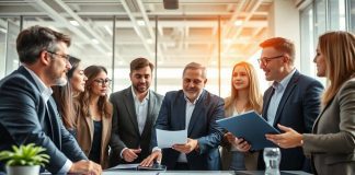 Group of investors collaborating in a modern office.