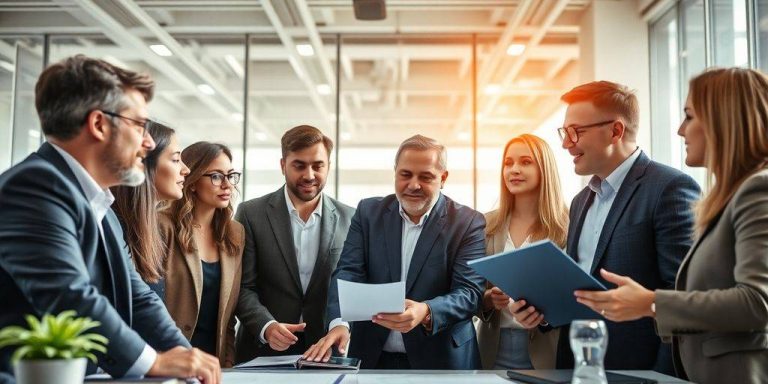 Group of investors collaborating in a modern office.