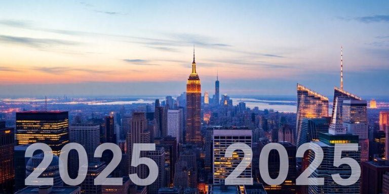 New York City skyline at dusk, featuring iconic skyscrapers.