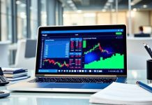 Laptop with financial tools in a modern office setting.