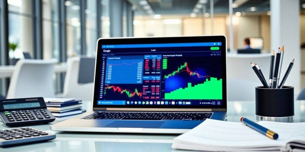Laptop with financial tools in a modern office setting.