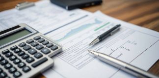 Calculator, documents, and pen on a desk.