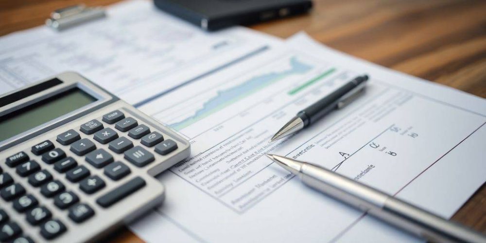 Calculator, documents, and pen on a desk.