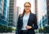 Young woman in business attire with a briefcase outdoors.
