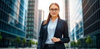 Young woman in business attire with a briefcase outdoors.