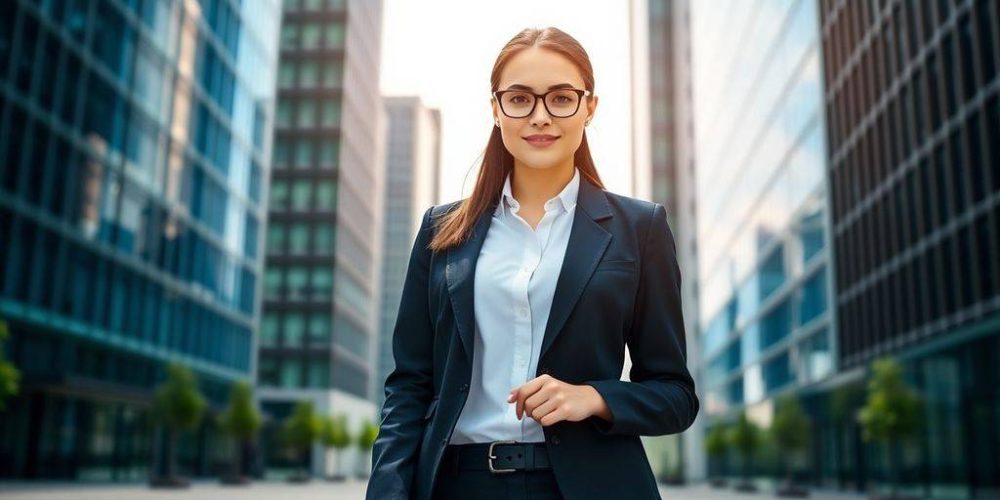 Young woman in business attire with a briefcase outdoors.