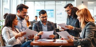 Finance professionals collaborating in a modern office environment.