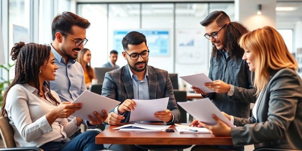 Finance professionals collaborating in a modern office environment.