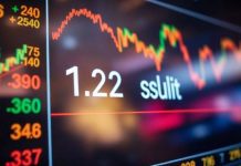 Stock market trading screen with numbers and graphs