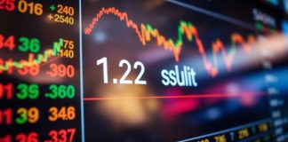 Stock market trading screen with numbers and graphs