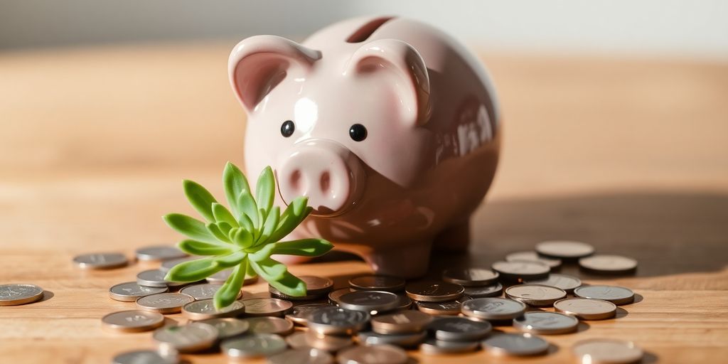Piggy bank, coins, and a small plant.
