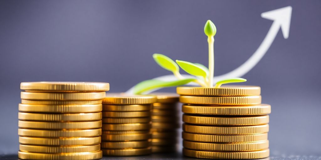 Golden coins stacked, thriving green plant, ascending arrow.