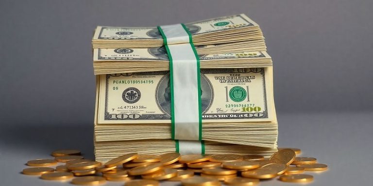 Crisp hundred-dollar bills stacked with gleaming gold coins.
