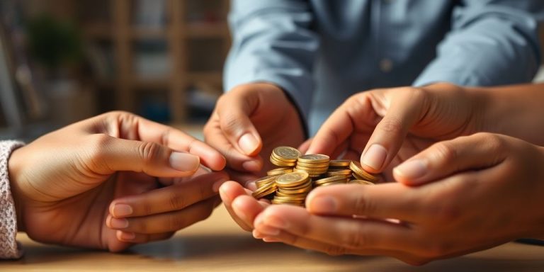 Diverse hands holding small, stacked coins.