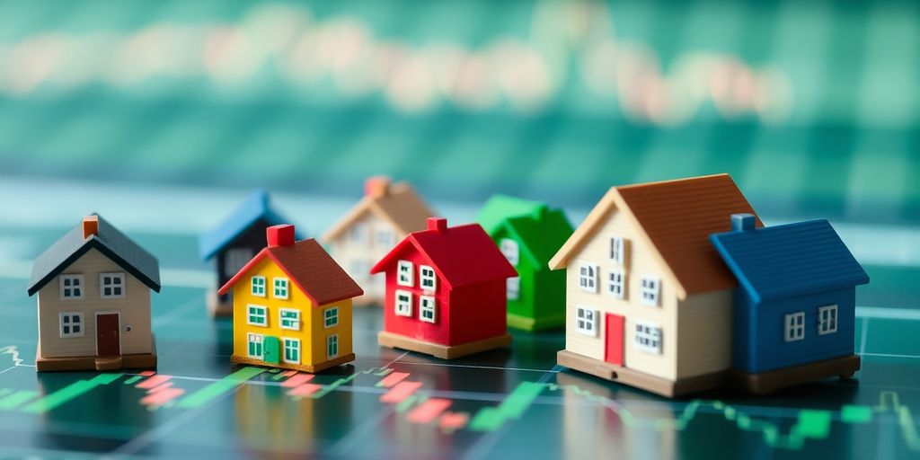 Miniature houses on a stock chart.