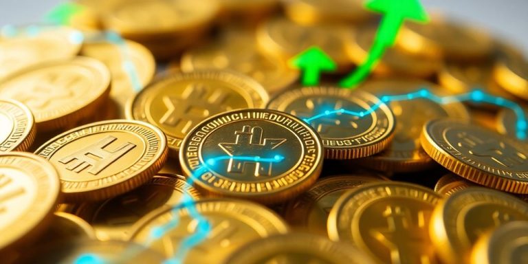 Golden coins, digital lines, and green rising arrows.