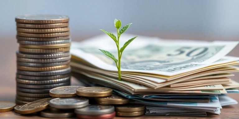 Coins, banknotes, and a small plant.
