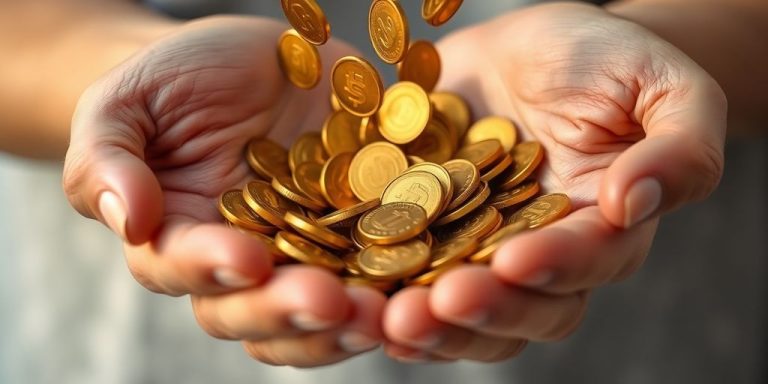 Golden coins cascading into open hands.