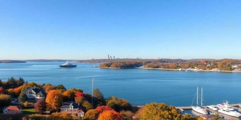 Greenwich skyline, harbor, autumn trees