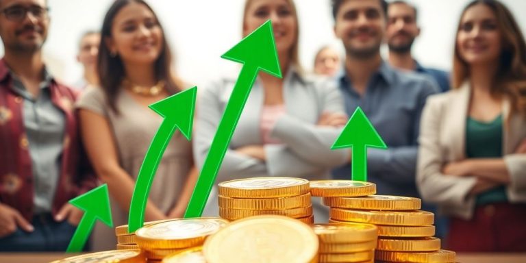 Golden coins, ascending arrows, and diverse investors.