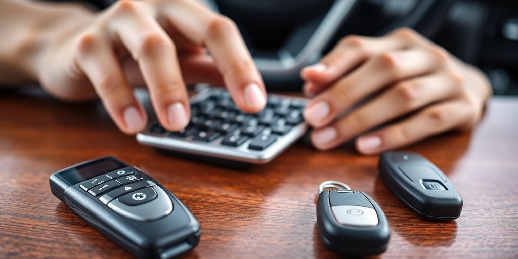 Calculator next to keys and car.