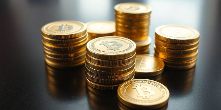 Bright coins stacked on a dark wooden table.