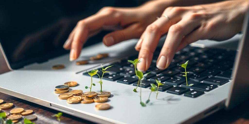 Person using laptop with coins and plants.