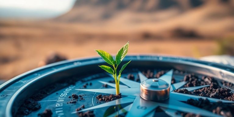 Compass pointing to thriving plant