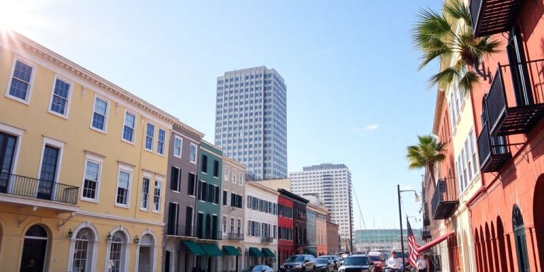 Charleston harbor, historic buildings, modern financial district.