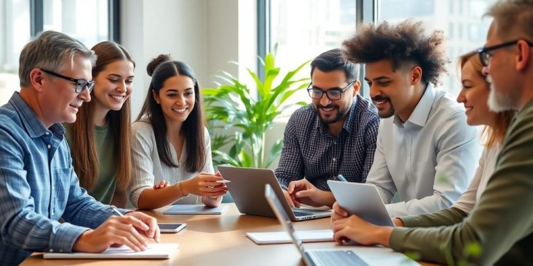 Diverse people planning finances with digital devices.