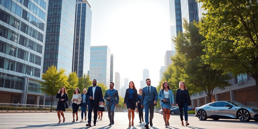 City skyline, financial district, diverse professionals, modern architecture.