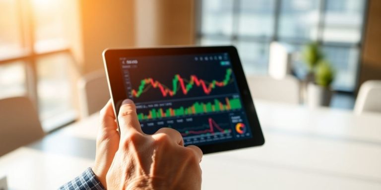Person examining stock market data on a tablet.