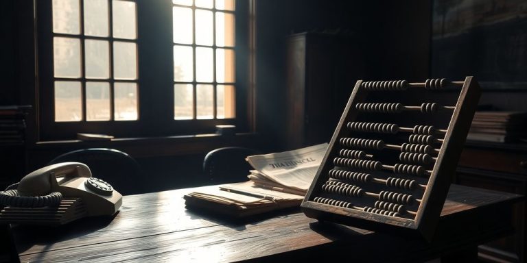 Vintage office desk, antique phone, old financial newspapers, wooden abacus.