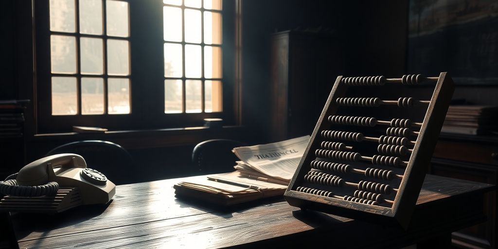 Vintage office desk, antique phone, old financial newspapers, wooden abacus.