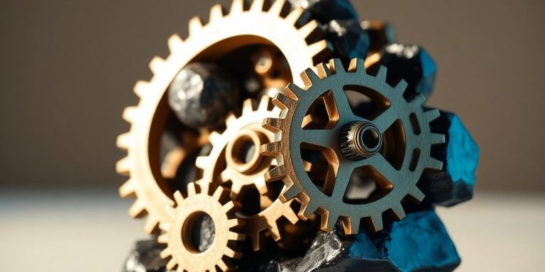 Abstract sculpture of interlocking financial gears.