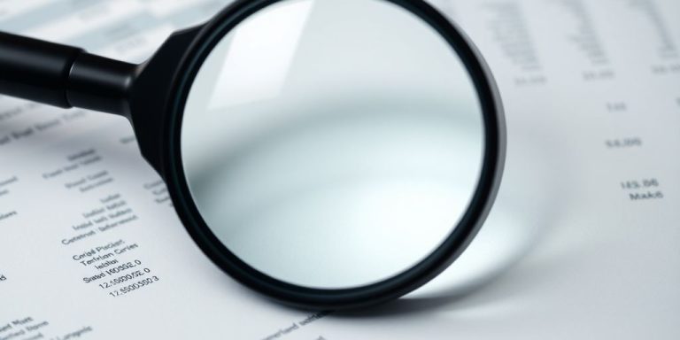 Magnifying glass over investment documents.