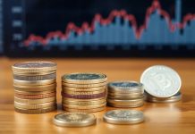 Coins and financial charts on a table.