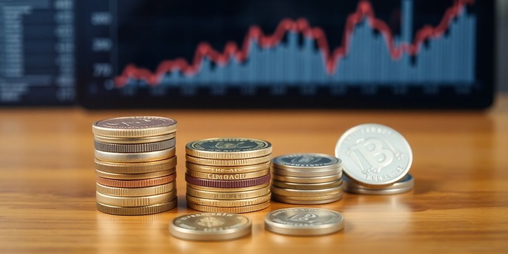 Coins and financial charts on a table.