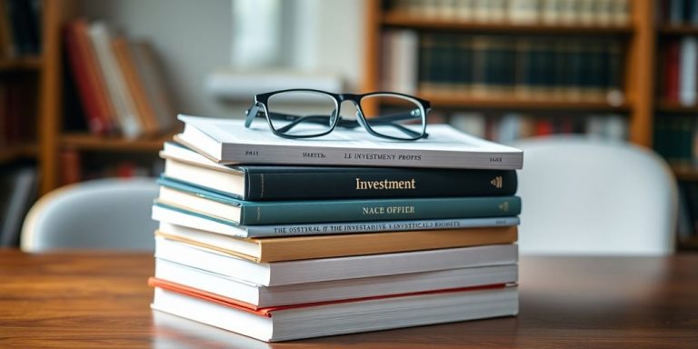 Stack of investment books on a desk with reading glasses.