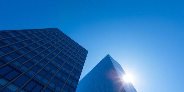 Financial buildings, cityscape, clear sky