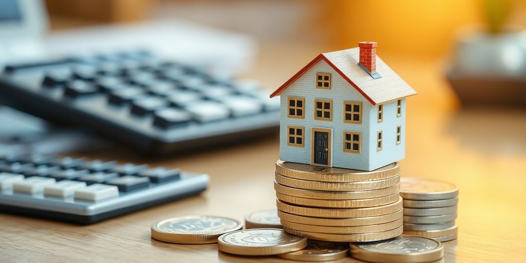 House miniature, coins, calculator.