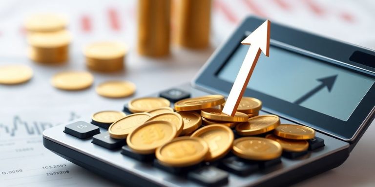 Golden coins, calculator, and a rising arrow.