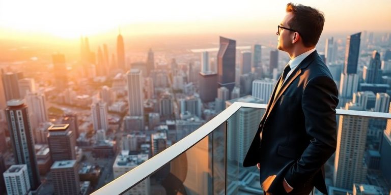 Person in suit looking at city skyline
