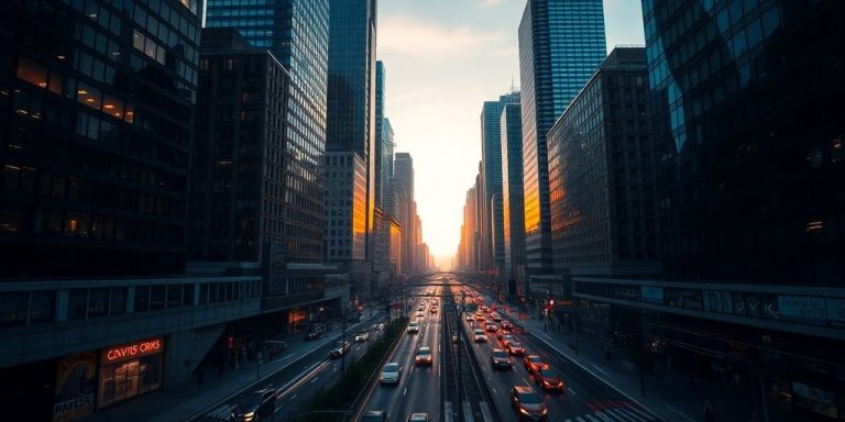 Giant buildings, busy city, money flowing, financial power.