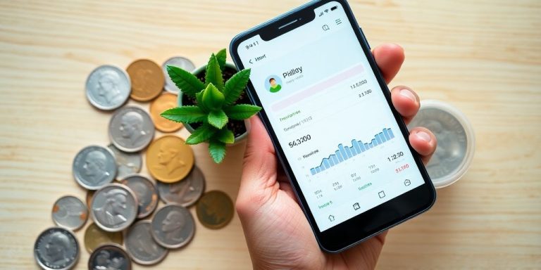 Coins, smartphone, and small plant on wooden table.