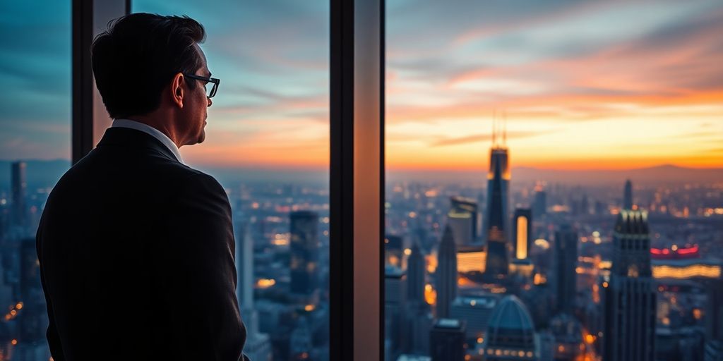 Businessman observing cityscape from high-rise