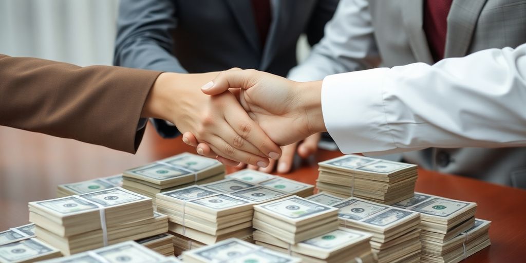 Two people shaking hands over money.
