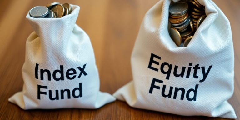 Two distinct money bags, one labeled index, other equity.